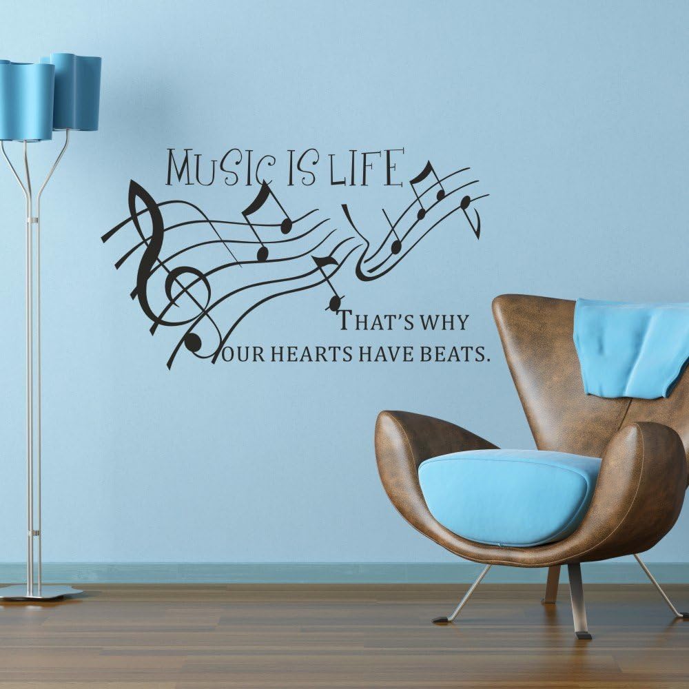 Music Wall Decal Quotes- Music is Life That's Why Hearts Have Beats Vinyl Lettering- Music Notes Wall Art- Music Wall Decor (46x26 Aquamarine)