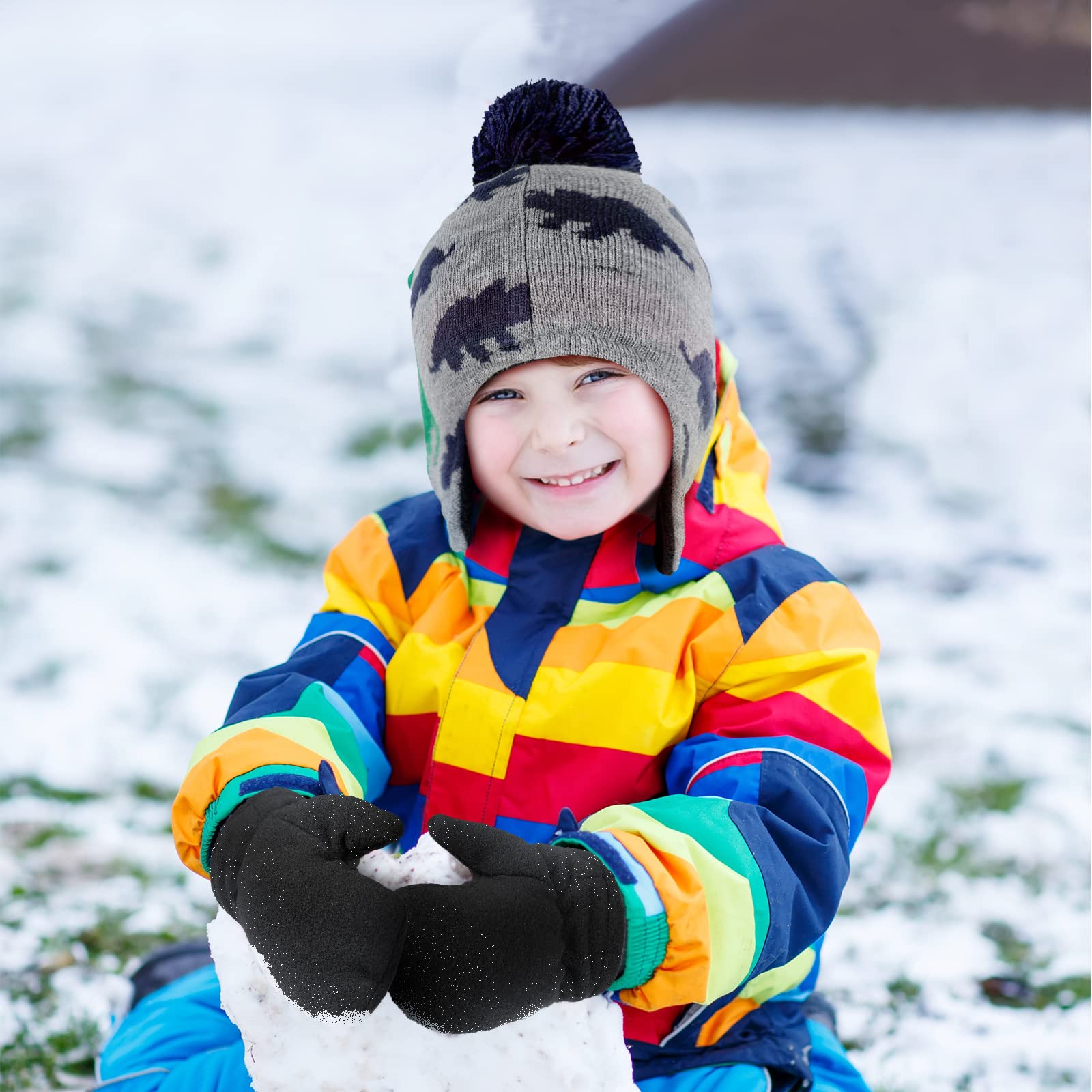 Syhood Toddlers Snow Gloves and Hats Knit Beanie Ski Earflap Hat and Gloves Baby Dinosaur Cap for Boy Girl (Black, 1-3 Years Old)