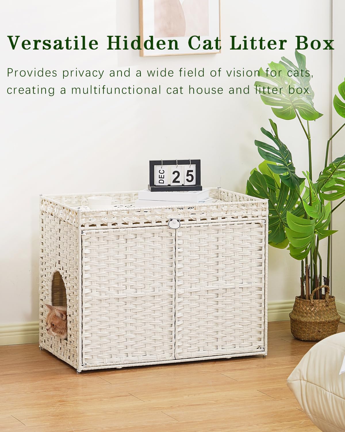 Cat Litter Box Enclosure Furniture, Handwoven Rattan Hidden Litter Box with Mat, Large Space Cat House with 2 S-Shaped Hooks 30.3 x 18.3 x 24.4 Inches, Indoor for Living Room Apartment White - image 7