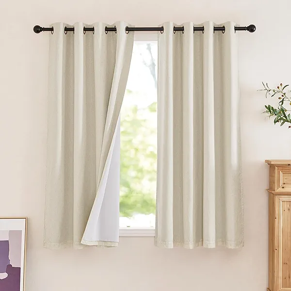 NICETOWN 100% Blackout Linen Curtains 63 inches Long, Bronze Grommet Thick Faux Linen 2 Layers with White Liner Vintage Window Treatments Voice Reducing for Bedroom, Natural, W52 x L63, 2 Panels