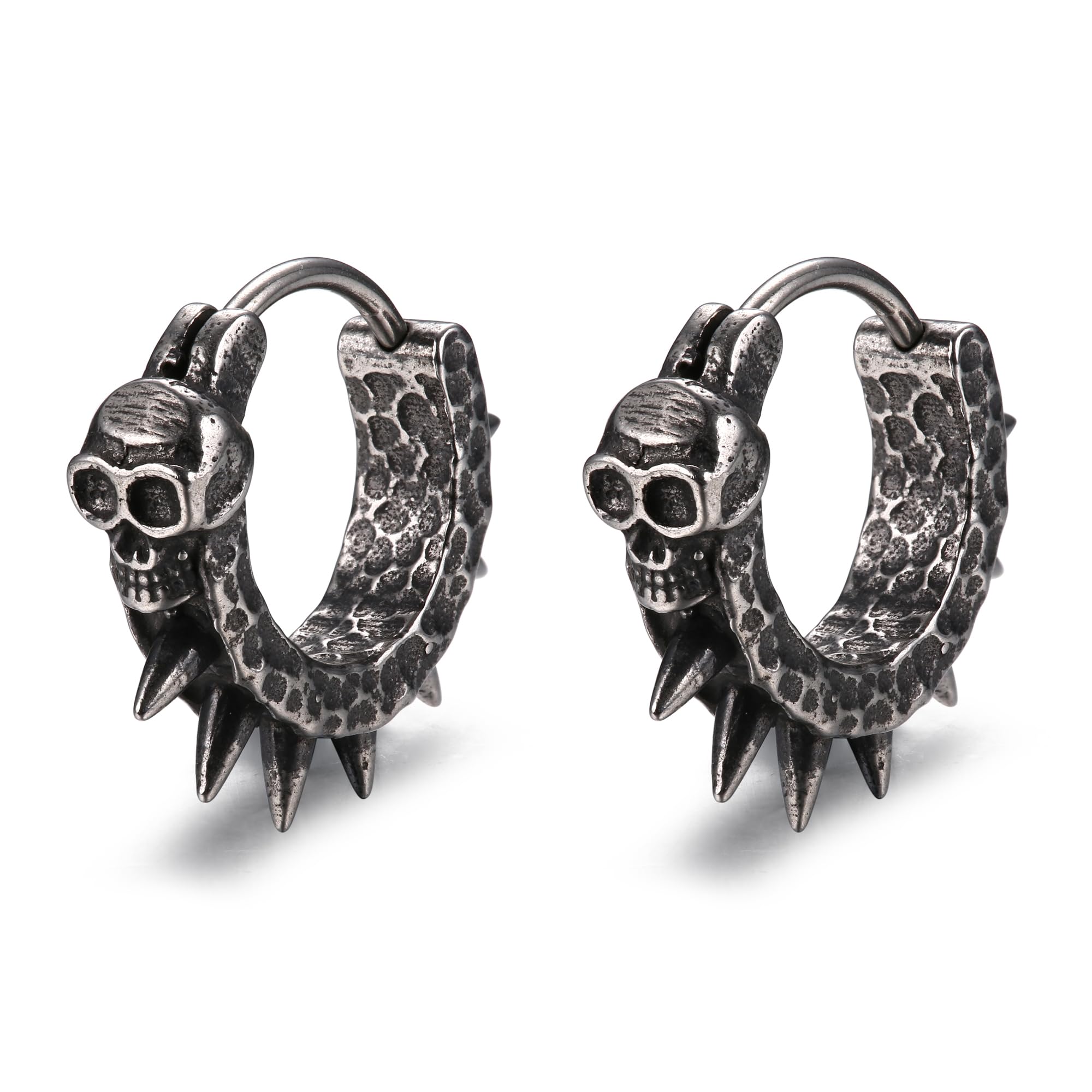 GTHIC Pendientes de aro punk con punta Huggie para mujer, pendientes con remaches de calavera, pendientes góticos vintage para hombres, joyería de acero inoxidable, regalo