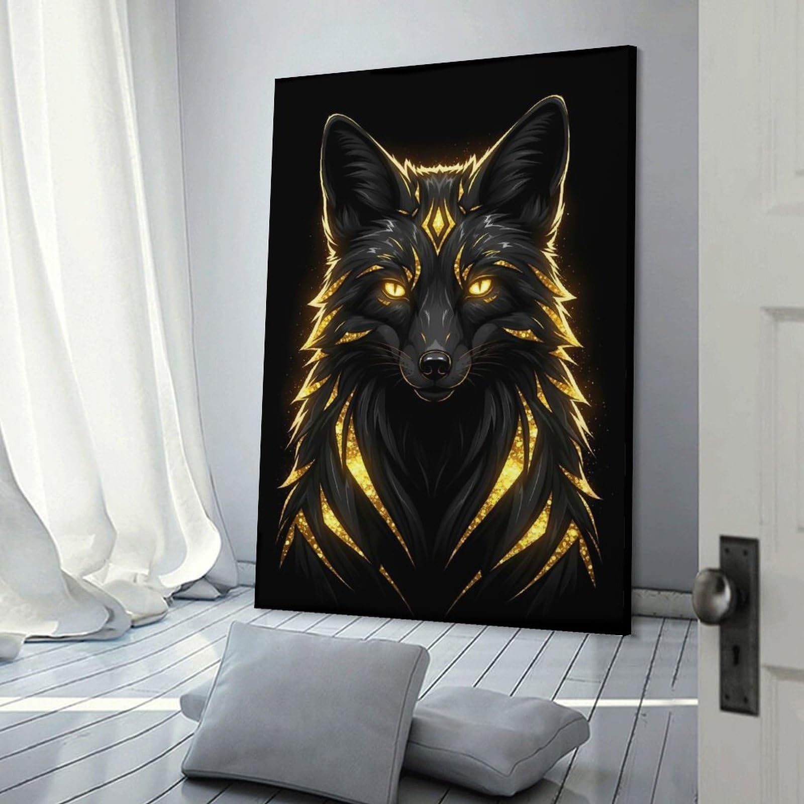 Junmoney Frame-Style-1 Black And Gold Fox Portrait Room Decor Wall Art 08X12inch(20X30cm), For Lounge Decor, Offices Or Entryway Styling, A Flexible Wall Accent For Shared Spaces