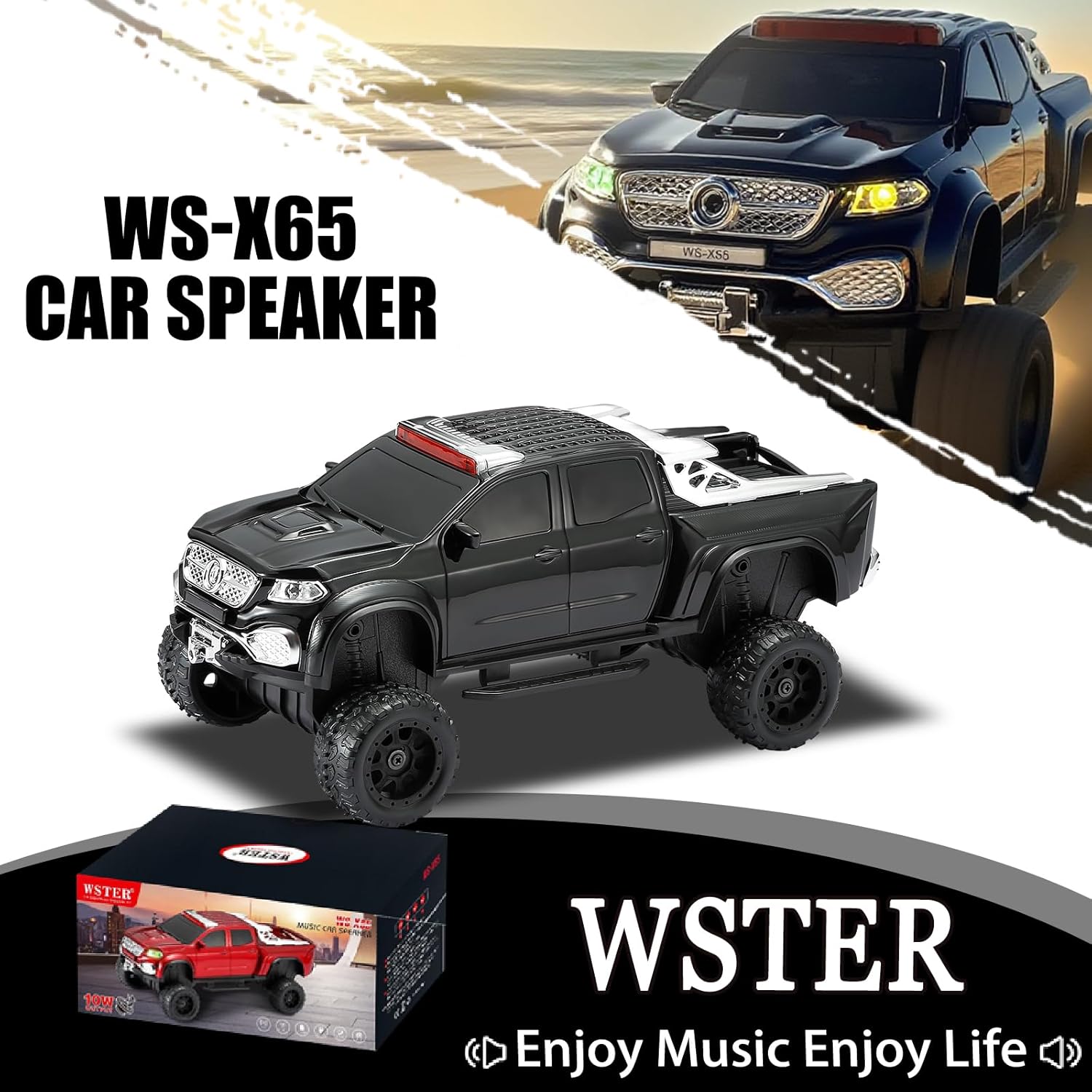 WS-X65 Pickup Truck Replica Bluetooth Speaker – HD Sound, FM Radio, TWS Stereo, LED Party Lights, USB/TF Playback, Built-in Mic – Cool Portable Car Design Speaker for Outdoors & Home (Black)