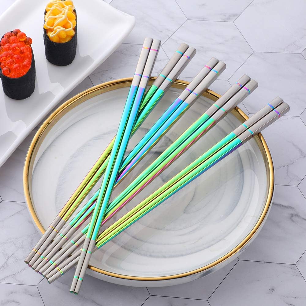 DOCBLACK Stainless Steel Chopsticks with Case, 5 Pairs Reusable Chopstick Dishwasher Safe, Spoon Fork Utensils Storage Box, Square Lightweight Non-Slip Chopsticks Set -Rainbow