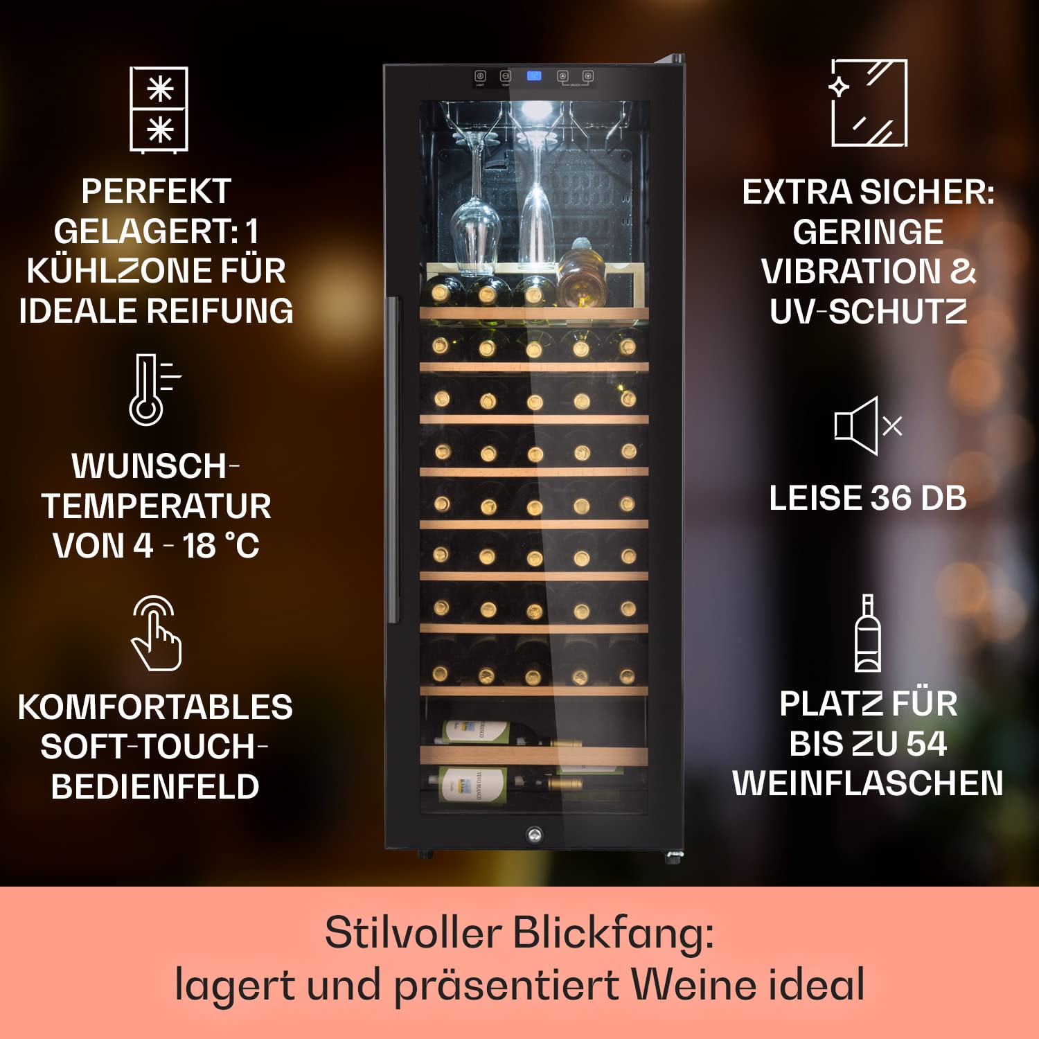 Klarstein Weinkühlschrank 54 Flaschen 1 Zone Glastür UV-Schutz 4-18°C Freistehend