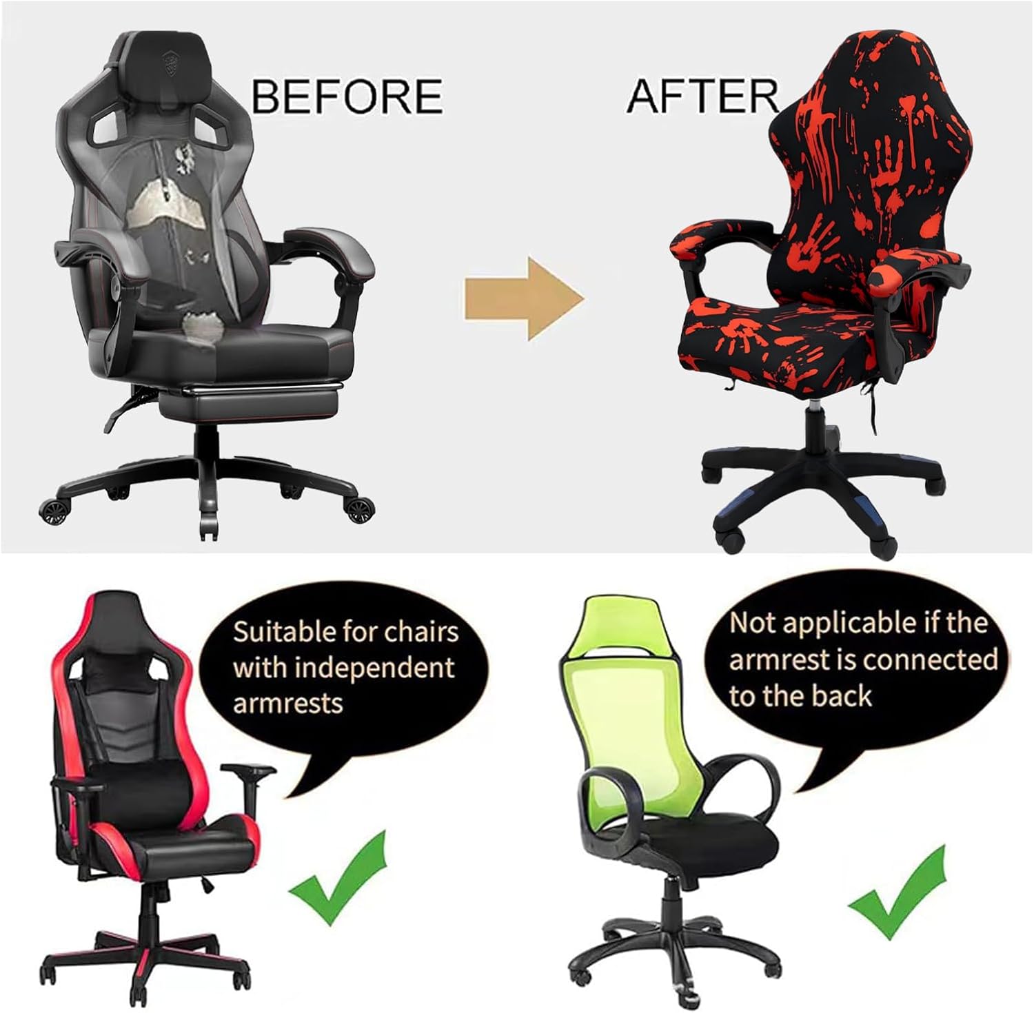 Gaming Chair Covers Slipcovers, Stretch Removable Washable Computer Reclining Gaming Chair Protector Slipcovers with Armrest Cover (No Chairs) (Halloween-bloodyprinting Black)