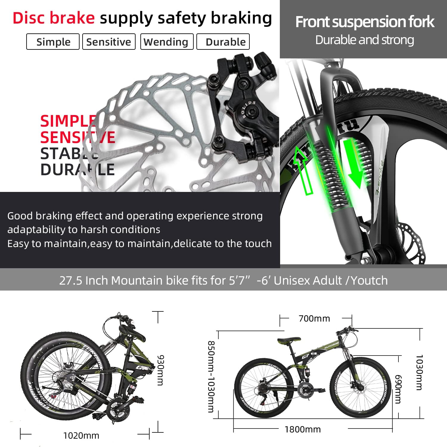 EUROBIKE G7 Folding Mountain Bike,27.5 Inch Full Suspension Mountain Bike for Men,21 Speeds Mens and Womens Mountain Bicycle,Dual Disc Brake Adult Foldable Bike