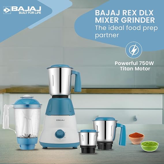 Bajaj Rex DLX 750W 4 Pots Mixer Grinder, White and Blue
