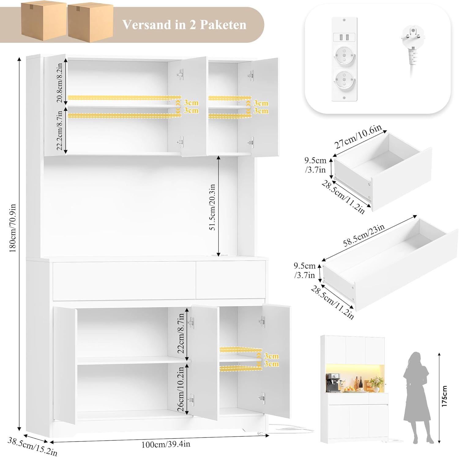 Diagram showing the dimensions of the FirFurd P706 Kitchen Cabinet, including height, width, and depth, along with internal shelf and drawer measurements. Also shown are the power strip unit and a standard European plug.
