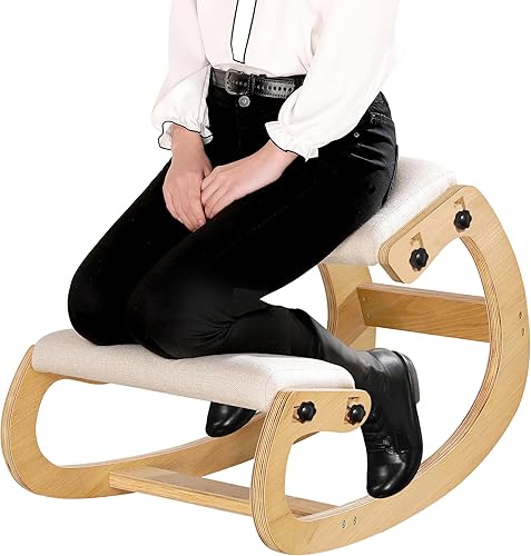 Miniatura 10 de Predawn Silla ergonómica de rodillas para postura vertical, silla mecedora para el hogar, la oficina y la meditación, cojín de madera y lino, alivia