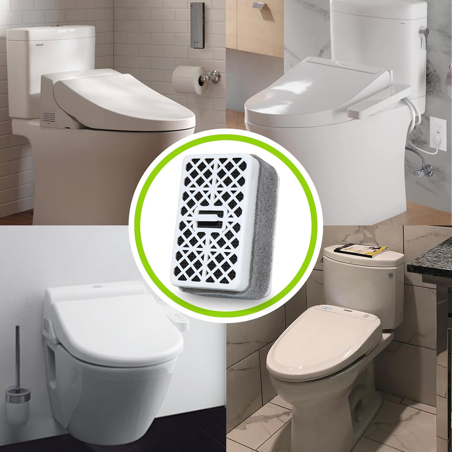 Various TOTO Washlet models with the deodorizer filter highlighted