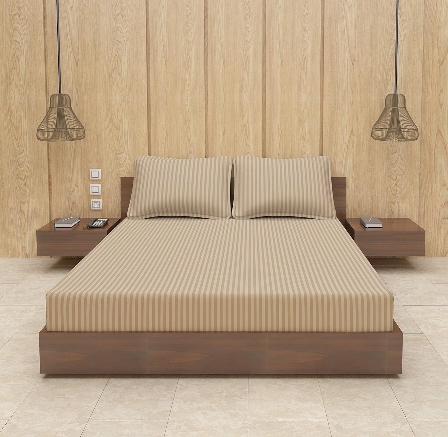 300TC Beige doublebed bedsheet Pure Cotton Plain Stripe Queen Size with Two Pillow Covers (90X100 Inches)-image-43