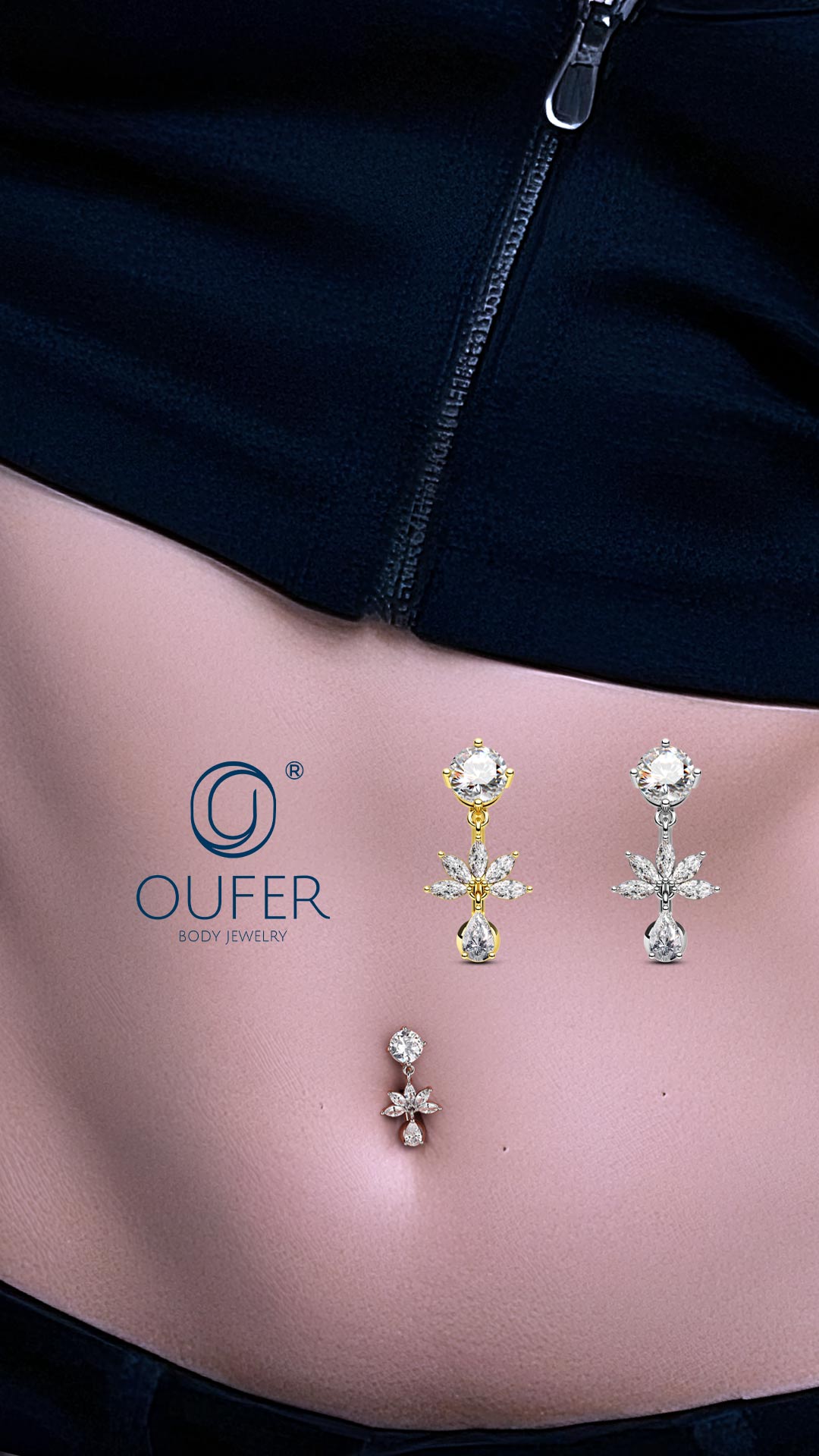Piercing Ombelico A Fiore Di Loto Con Pendente CZ – Acciaio Chirurgico 14G
