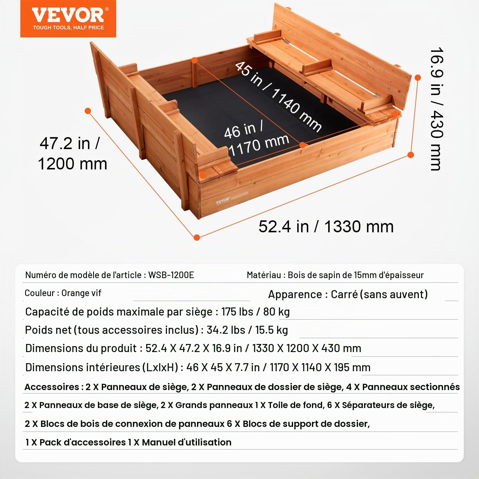 VEVOR Bac à Sable en Bois Naturel, 1330 x 1200 x 430 mm, bac à Sable avec banquettes Pliables et Doublure inférieure, pour Jardin extérieur, Plage, Parc, Cadeau pour garçons et Filles de 3 à 12 Ans