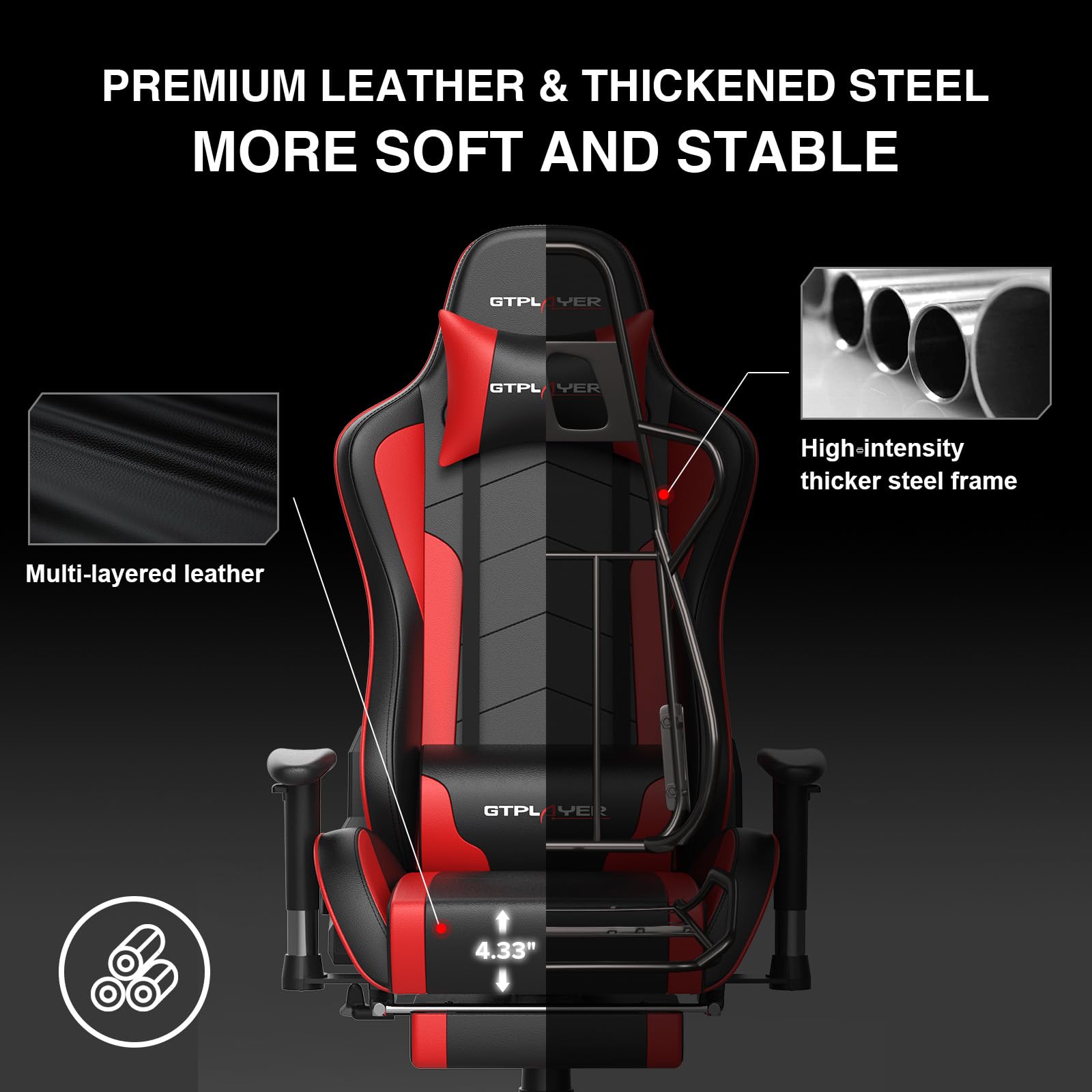 GTPLAYER Silla Gaming con Altavoz Bluetooth Reposapies Escritorio Oficina Gamer Ergonomica con Cojín Reposabrazos 3D Ajustables Respaldo Reclinable Multifuncional Rojo