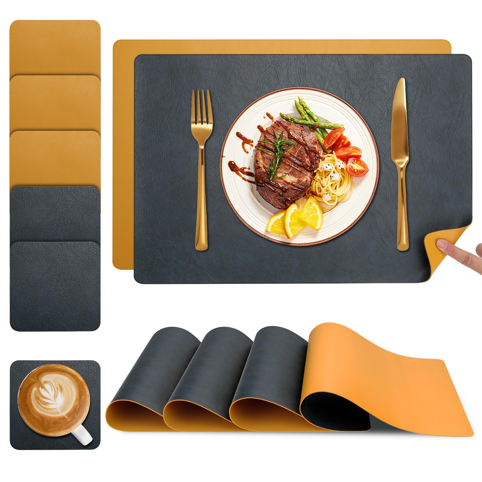 YIHELU Tischsets Abwaschbar und Untersetzer 6er Set, Platzsets Abwaschbar Doppelseitigen Kunstleder rutschfest & Einfache Reinigung, Platzdeckchen für Esszimmer