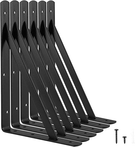 Soportes de estante de servicio pesado de 12 x 8 pulgadas, paquete de 6 soportes de estantes de metal negro, capacidad de carga 600 lb, soporte de