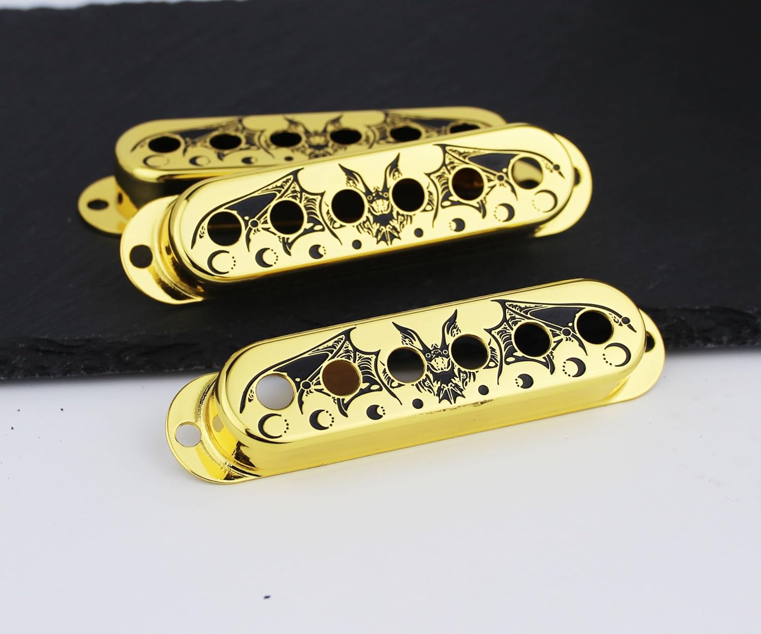 Guyker Guitar Pickup Covers 3Pcs Single Coil (52mm Pole Spacing), Copper Pickup Mounting Ring Set Guitar Accessories Replacement Part Bat Pattern Surface, (Gold, PS002)