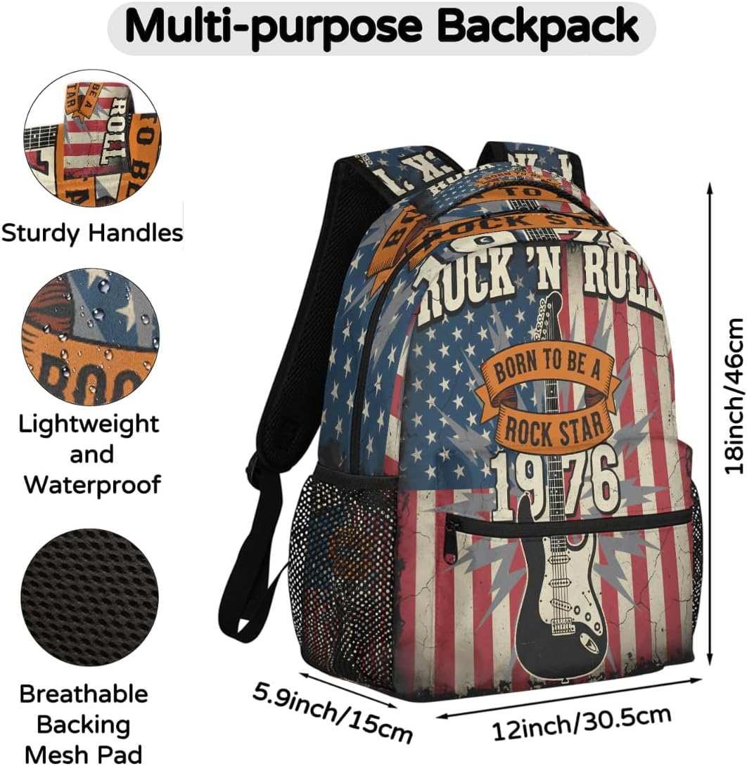 AUUXVA Backpack Rock Roll Music Guitar American Flag School Shoulder Bag Large Waterproof Durable Bookbag Laptop Daypack for Students Teens Girls Boys Elementary image 2