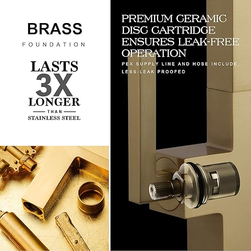 Miniatura 5 de Lava Odoro - Grifo de cocina dorado cepillado con rociador extraíble, grifo de cocina de dos manijas de latón macizo de un solo orificio, grifo de