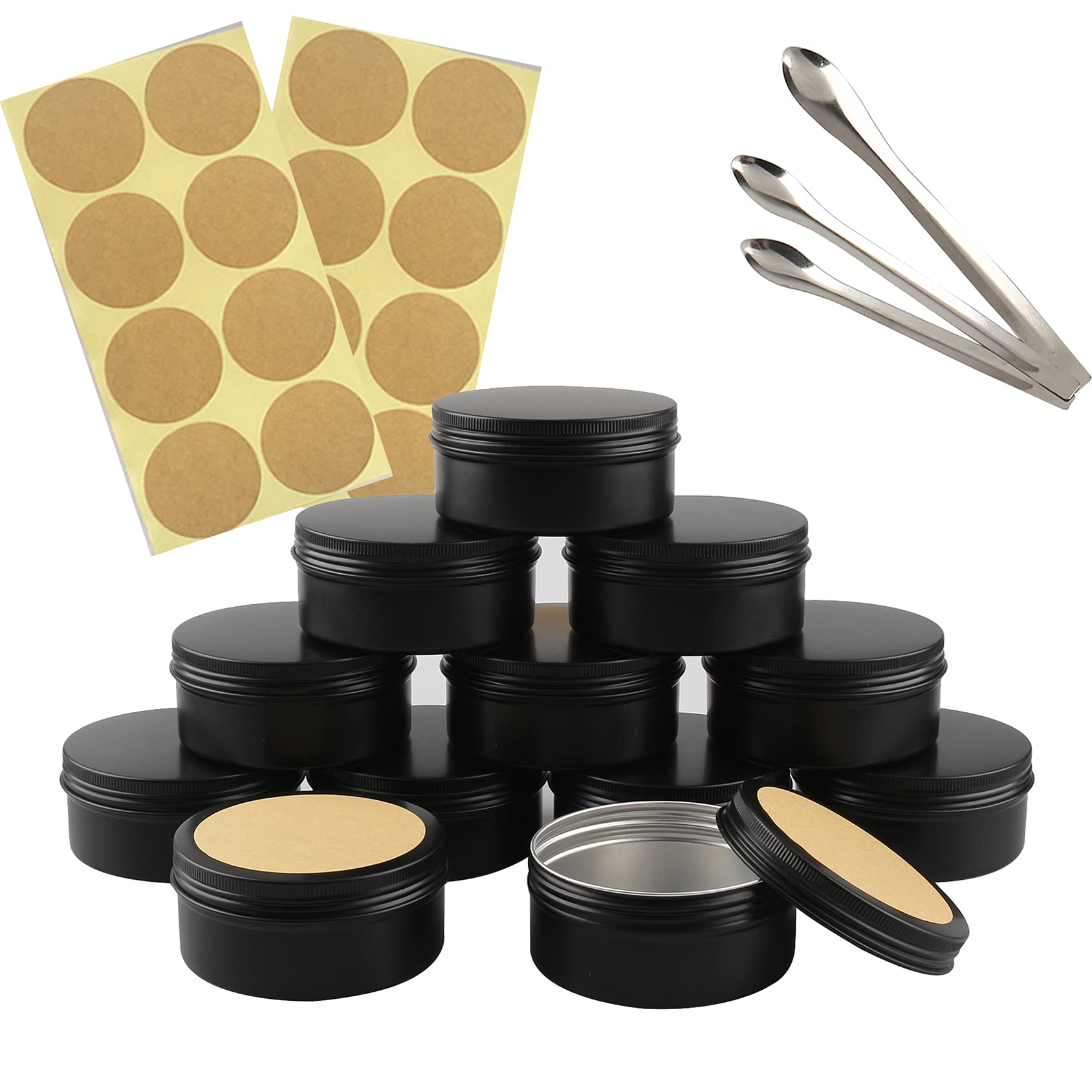 TIANZD 50 Pieces 150 ml Empty Black Round Aluminum Tin Jars with Screw Lids Cosmetics Lip Balm Containers Pots for DIY Candle Salve Salt Powder Crafts Storage Cans with 3x Spoon, 50x Labels