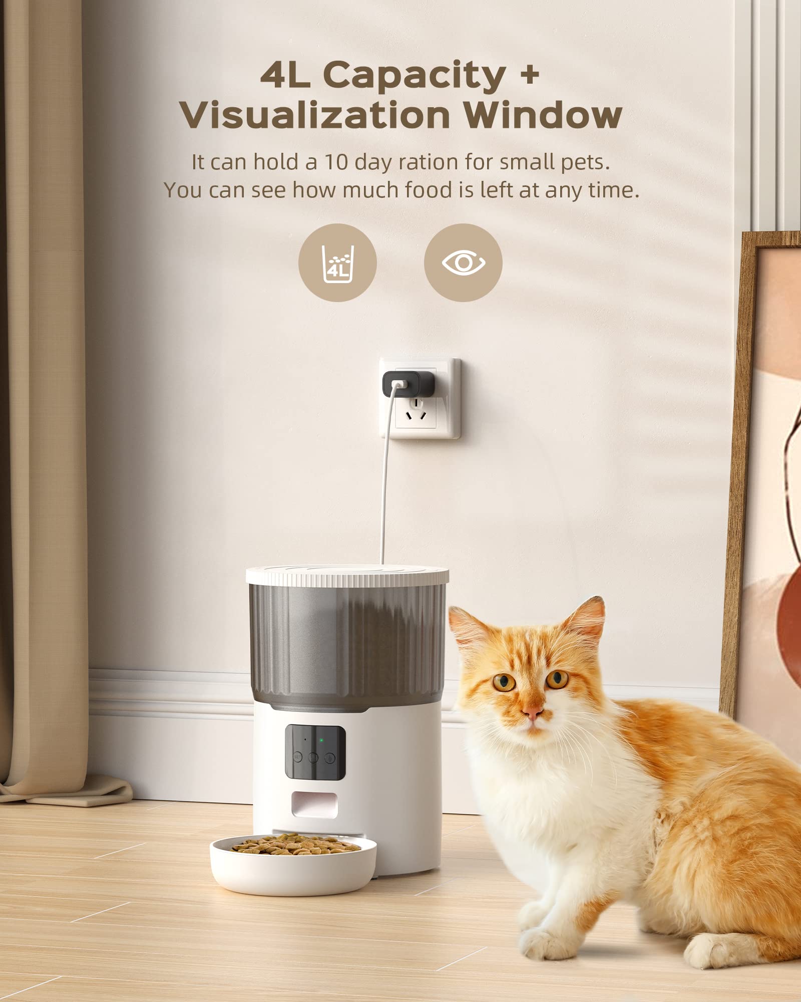 UIOOQ Distributore Automatico Cibo Gatti Cani WiFi, 4L Distributore di Crocchette per Animali Domestici con 10S Registrazione,Orari di Mangiatoia Personalizzati,Coperture di Chiusura Ruotabile