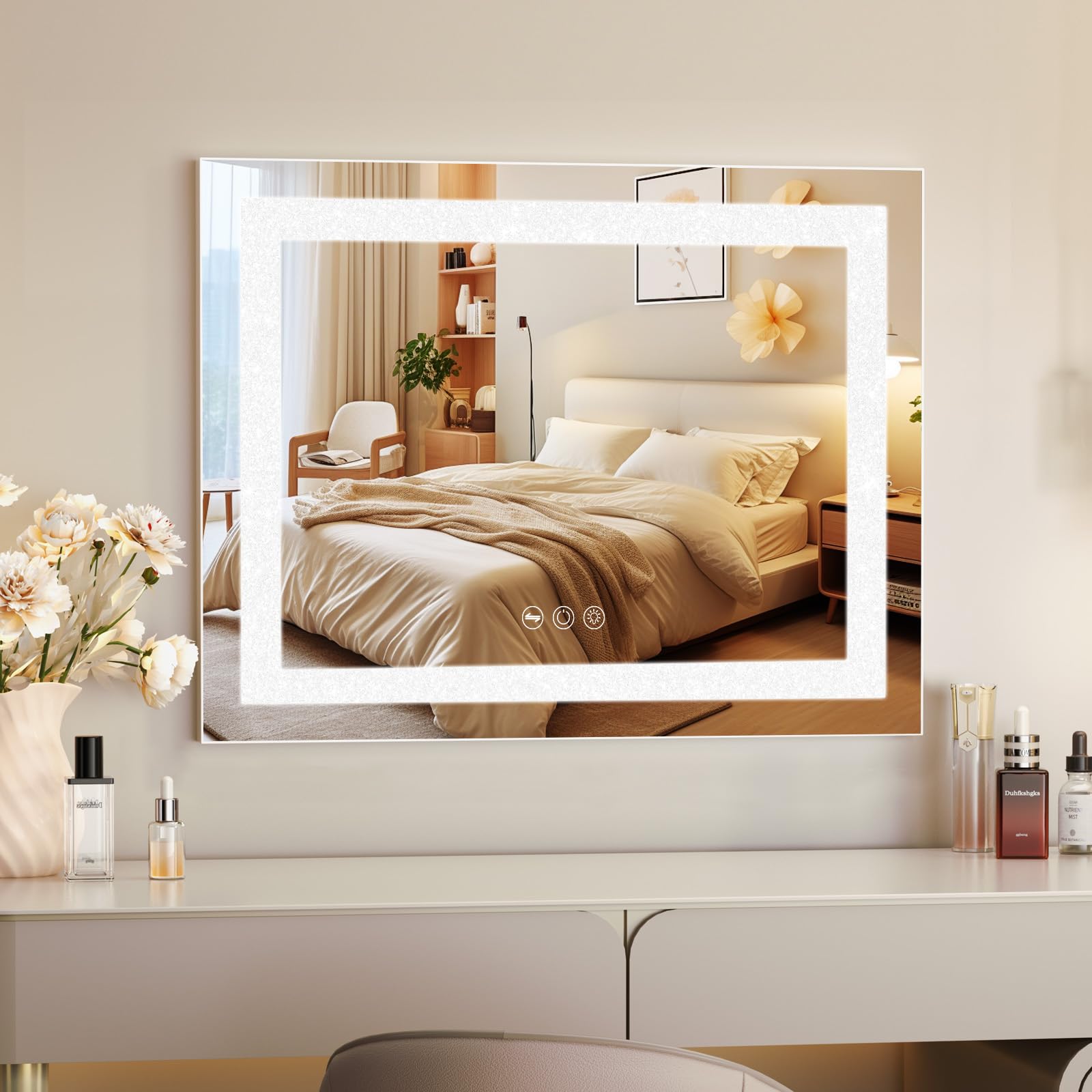 FENCHILIN Miroir de Maquillage avec éclairage Miroir Hollywood avec USB Diamant écrasé Cristal avec éclairage 3 températures de Couleur Verre trempé 58 x 46 cm Blanc