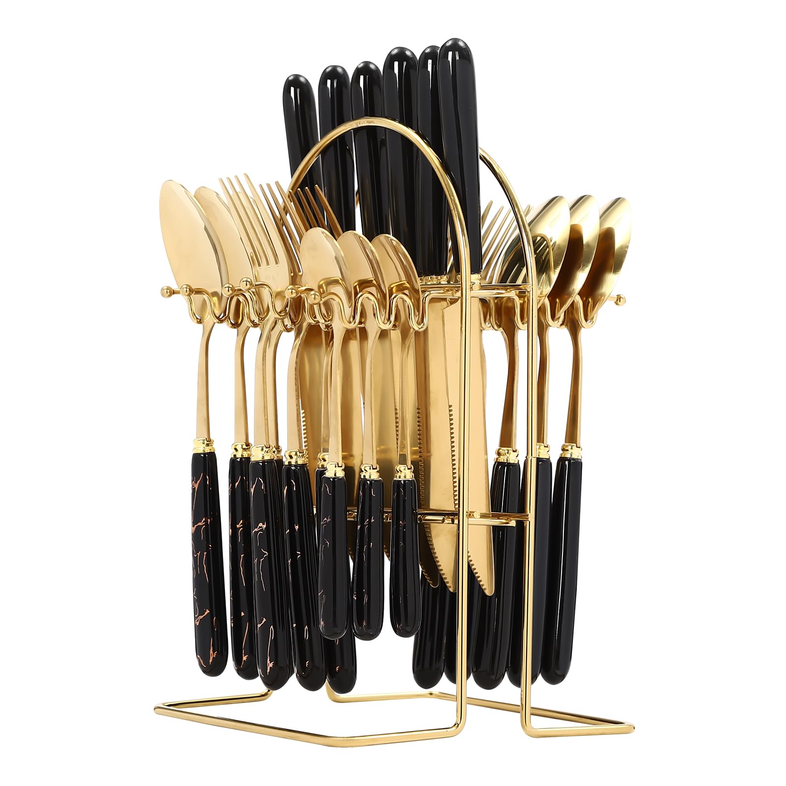 Donened - 24 Pieces Silverware Cutlery Set, Cutlery Set with Metal Hanging Stand, Stainless Steel Flatware Set for 6 Person, Mirror Polished Tableware Set, for Home Kitchen (Black)