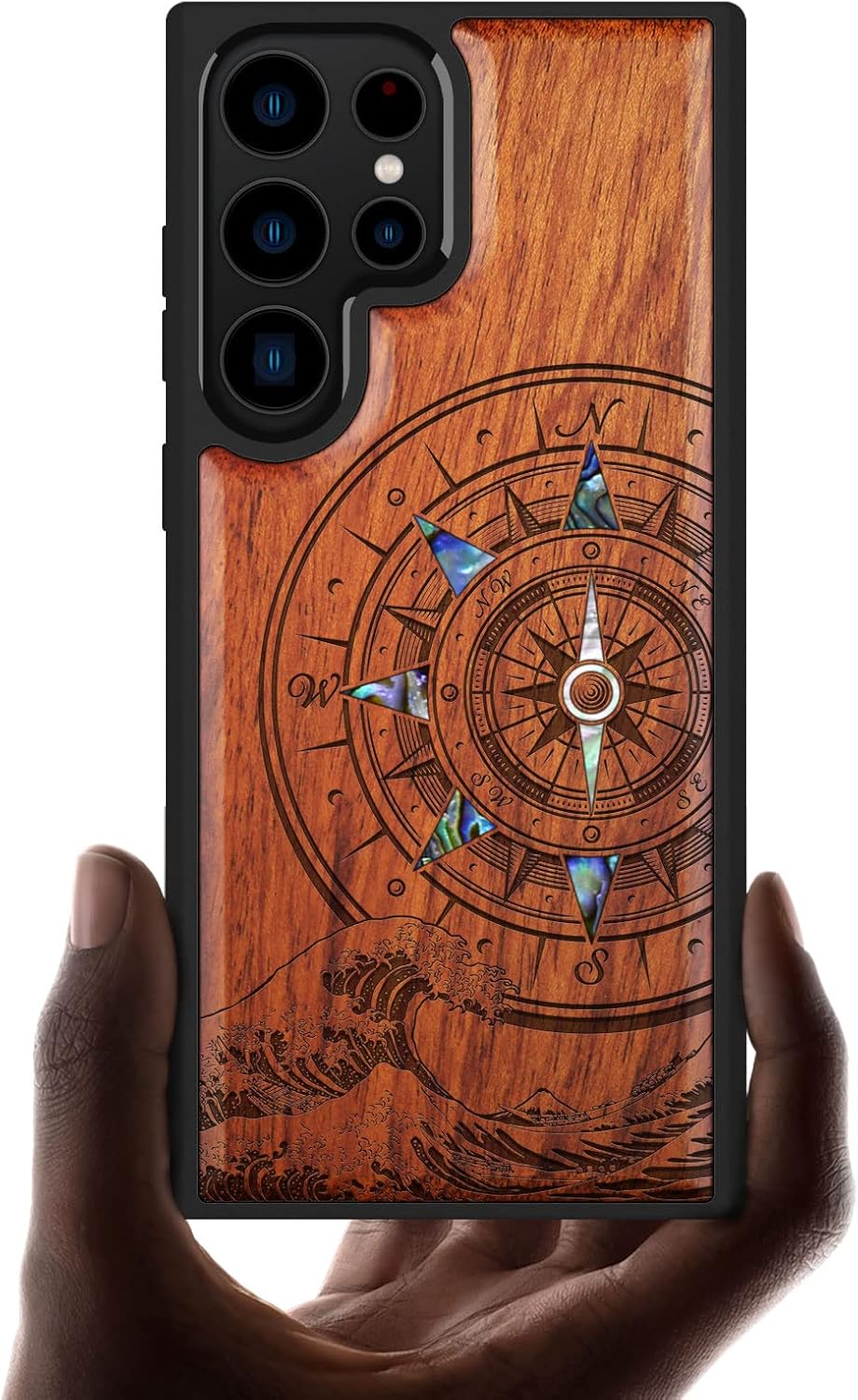 Carveit Designer Wooden Case for Samsung Galaxy S23 Ultra Cover [Wood Engraving & Shell Inlay] Wooden Anti-Drop Design Compatible with Wireless Chargers Galaxy S23 Ultra (Wave Compass-Rosy)