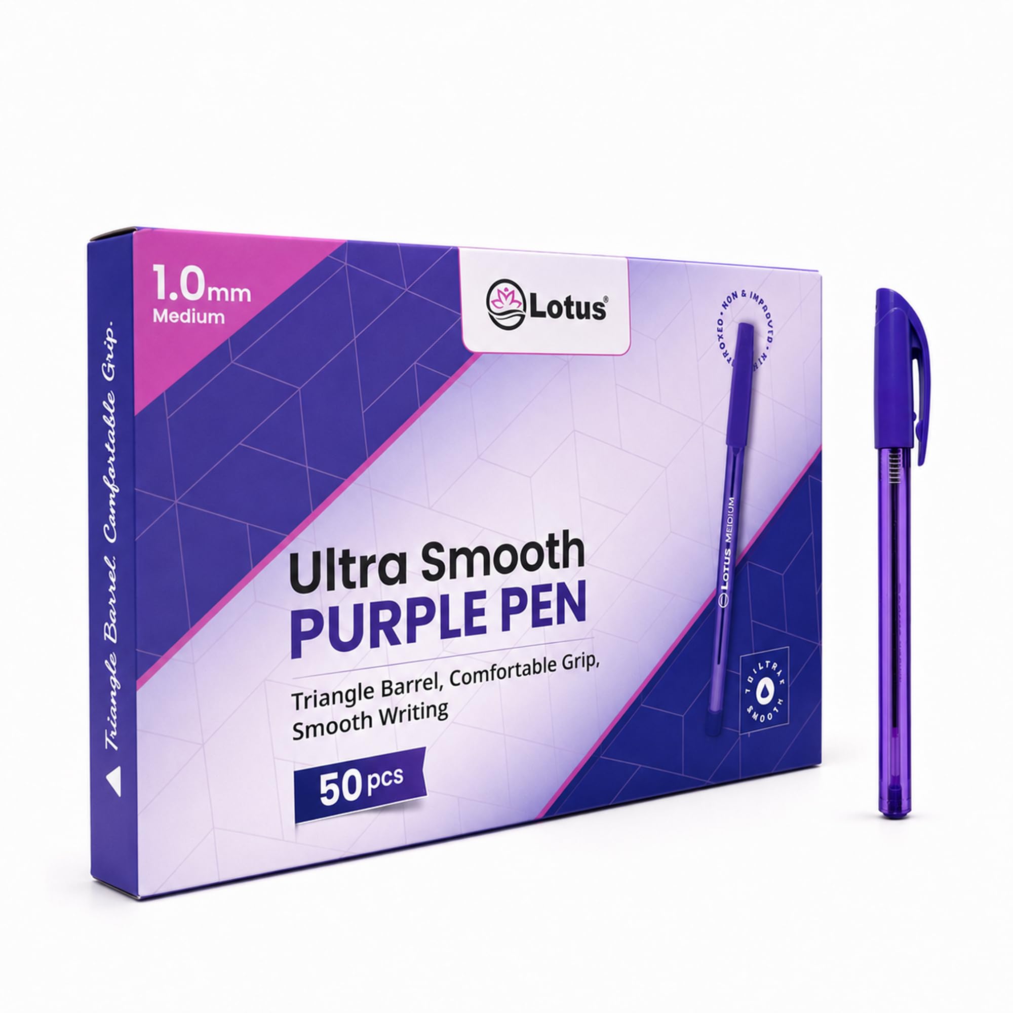 Lotus Purple Pens Pack of 50, Ballpoint Pens with Triangle Grip, 1.0mm Medium Tip, Smooth Writing Purple Ink Pens Bulk Multipack for School, Office & Everyday Use