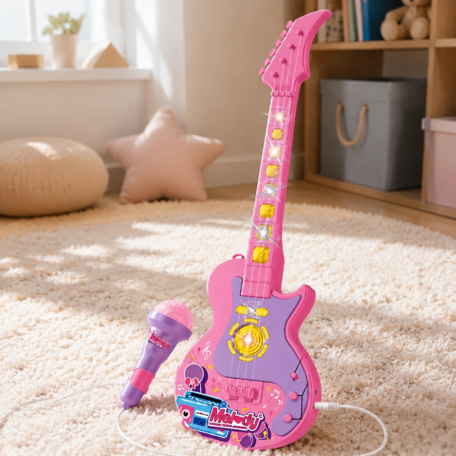 Chitarra Giocattolo con Microfono a Batteria Chitarra Giocattolo in Plastica Educativo per Bambini, Esibizioni Immaginarie, Casa, Nero