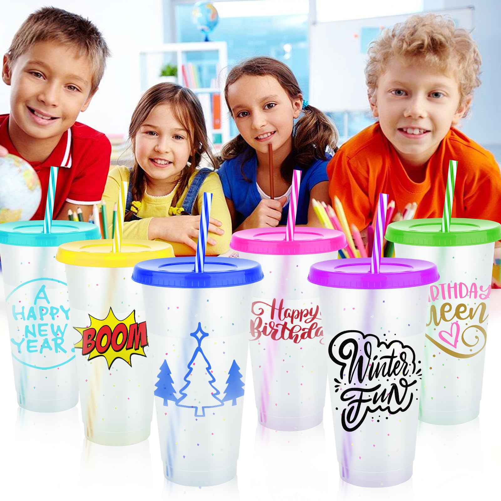 NUZEKY Tazze Magiche Che Cambiano Colore: 5 Bicchieri In Plastica 473ml Con Coperchio E Cannucce