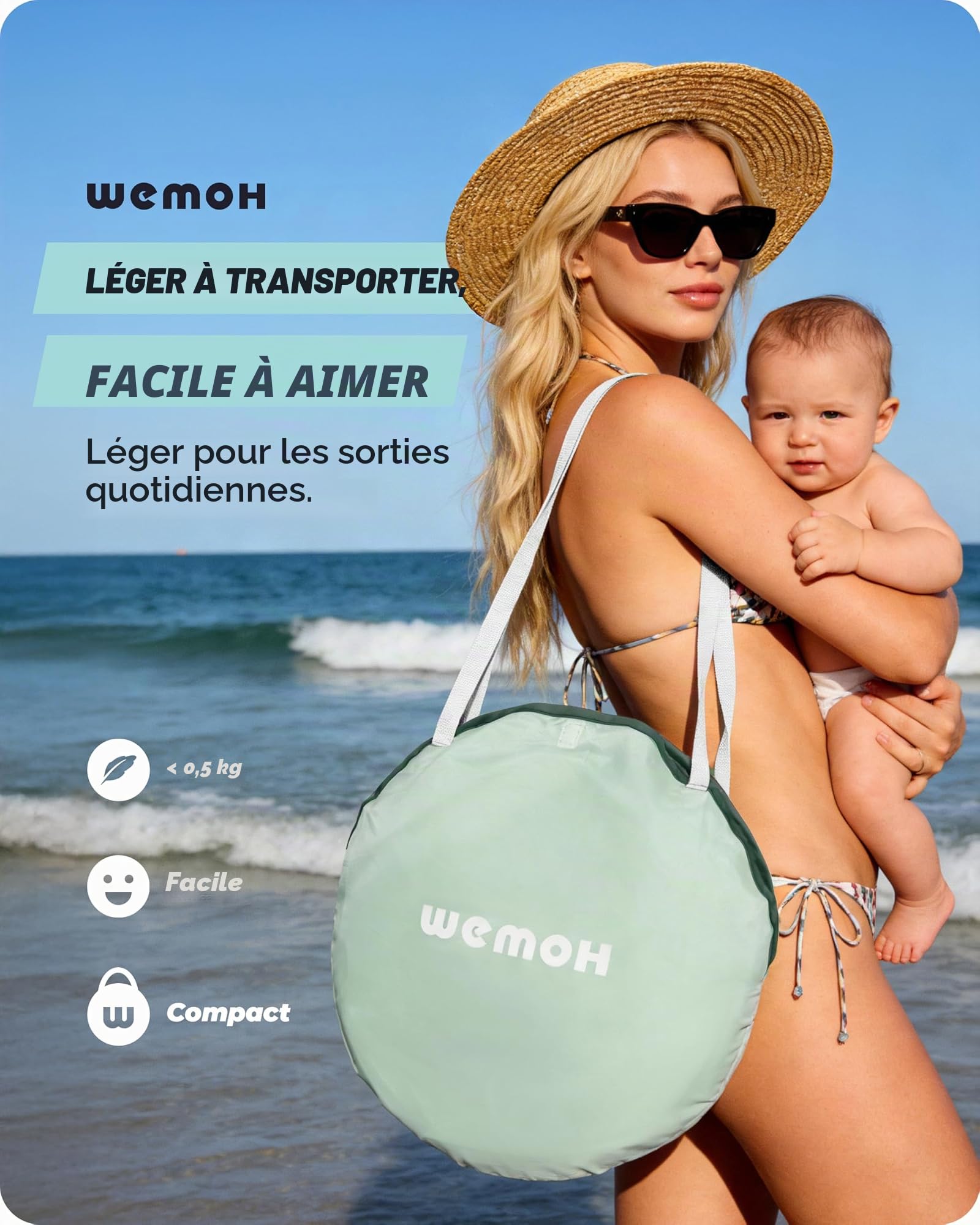 Tente de Plage pour bébé avec Protection UV UPF 50+, Tente de Plage Pop-up pour Enfants et bébés, Montage Automatique, Protection Contre Le Vent, avec Sac de Transport et piquets