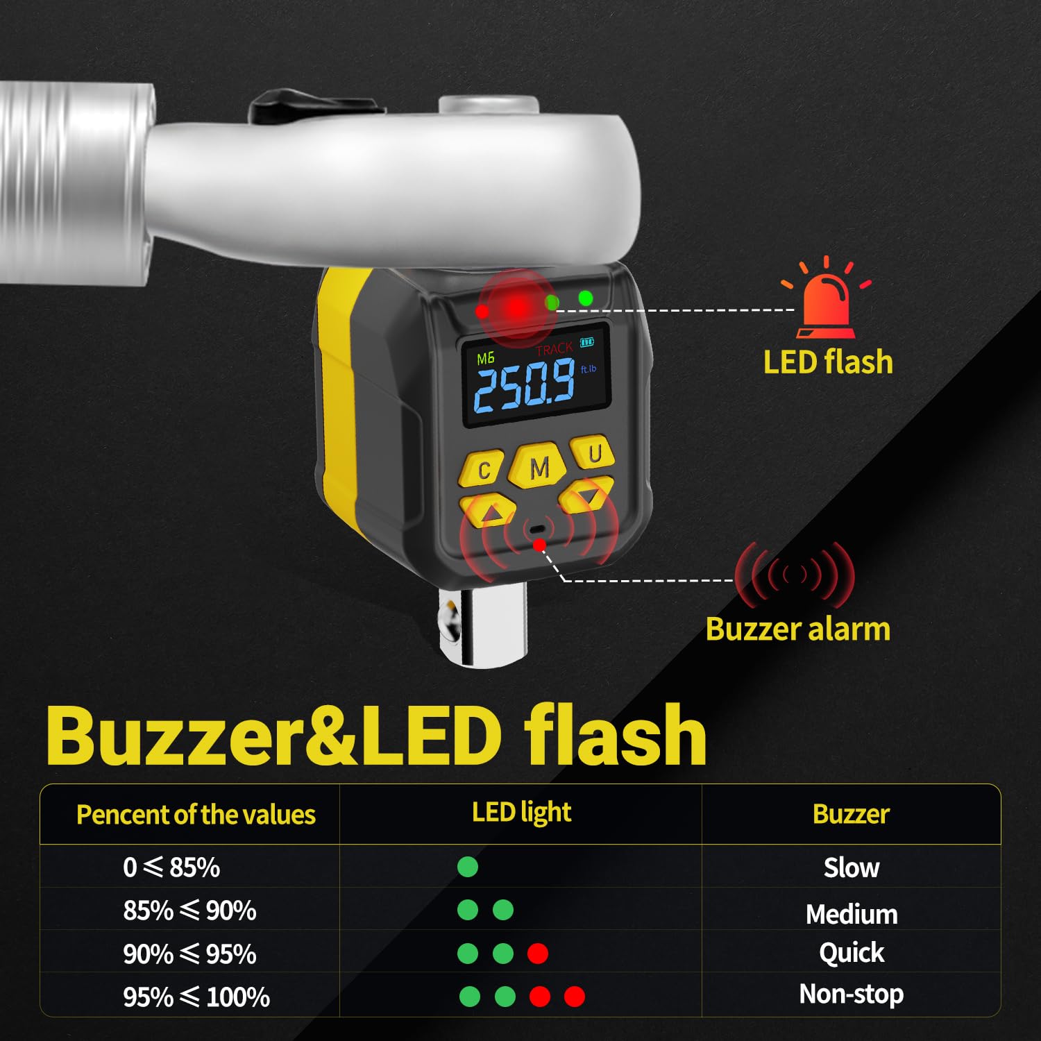 Zestaw cyfrowych adapterów momentu obrotowego 1/5.1 cm, dokładność ± 2% (3.7-76.2 m-lb), brzęczyk i wskaźnik LED, wstępnie ustawiony z przechowywaniem danych, cyfrowy miernik dynamometryczny z