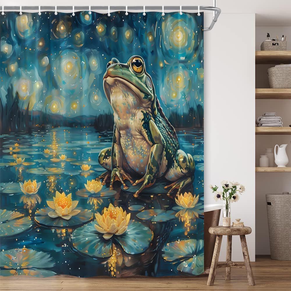 Frog Shower Curtain Cute Animal with Lotus Flower Abstract Oil Painting Fantasy Starry Night View Polyester Fabric Bathroom Decor 70×96 Inch with Hook