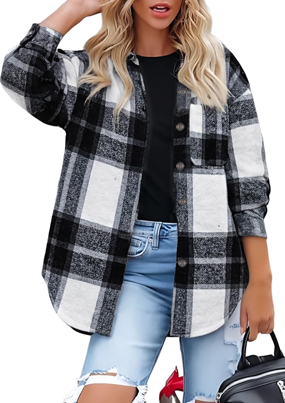 Womens Flannel Shacket Jackets Button Down Plaid Shirts Fashion Business Blouses Casual Fall Outfits Flannel Work Tops