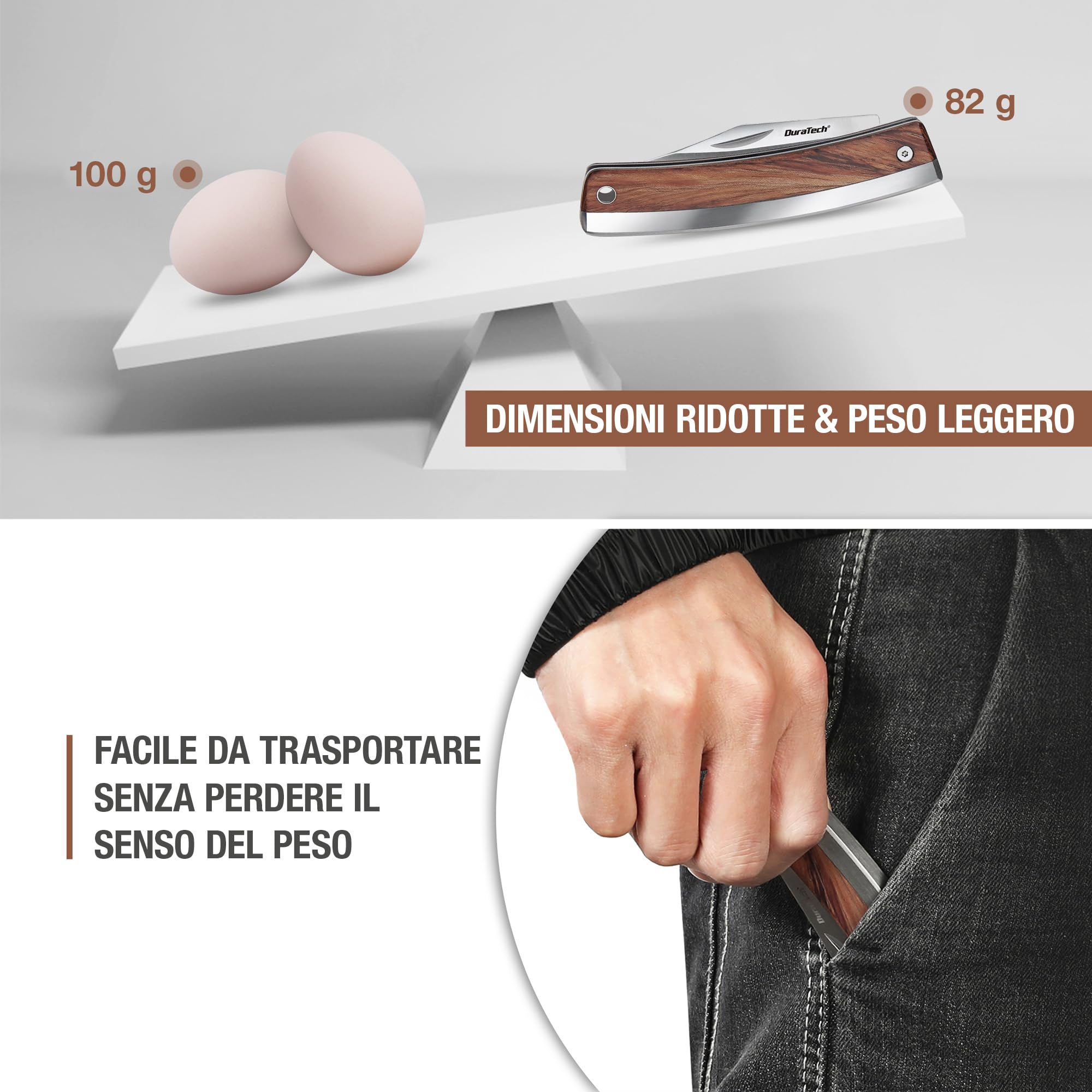 DURATECH Coltellino Tascabile con Manico in Legno, Leggero e Compatto, Ideale per la Pesca, l'Escursionismo, il Campeggio o il Coltello da Frutta per Uso Domestico