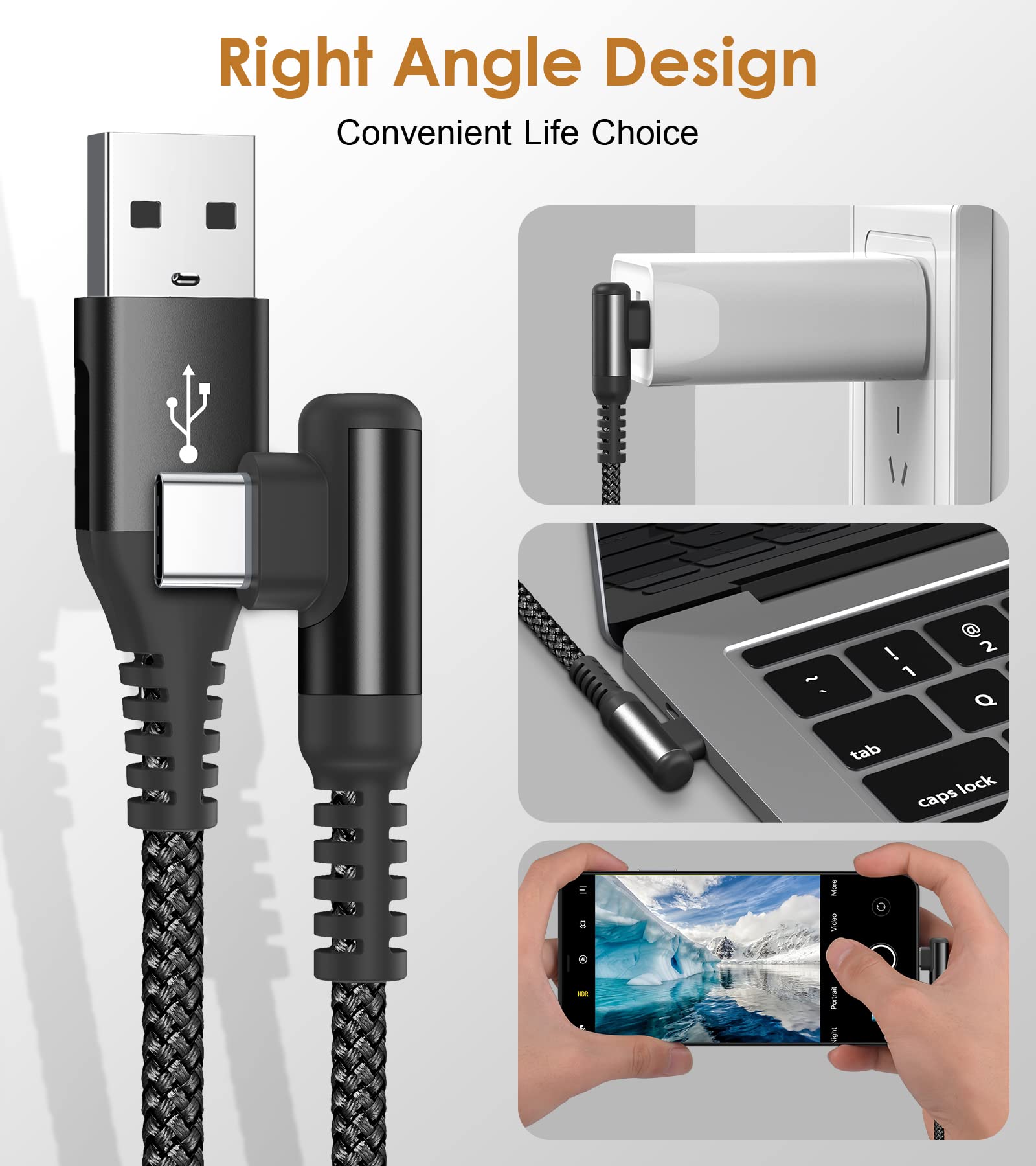AviBrex Cavo USB Type-C di 90 Gradi [2 Pezzi 3M], Tipo C Cavo USB A a USB C 3,1A Ricarica Rapida Nylon per i Phone 17 16 15 Pro Max,Samsung S25 S24 a S8,A71,A54,M31,Note20,Xiaomi,Huawei,Pixel,LG