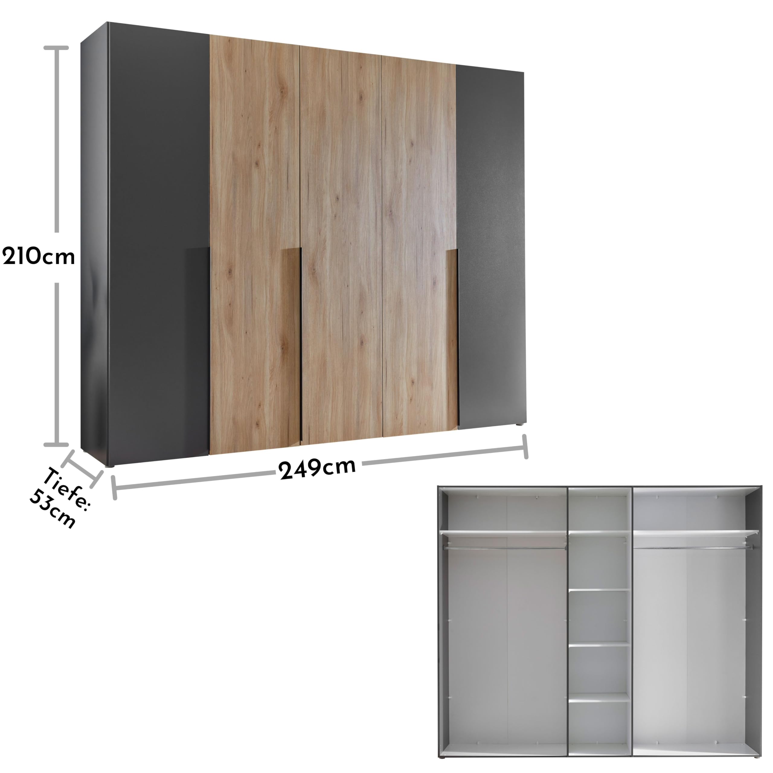Stella Trading ASKA Kleiderschrank in Graphit, Mauvella Eiche Optik - Vielseitiger Drehtürenschrank 5-türig für Ihr Schlafzimmer - 249 x 210 x 53 cm (B/H/T)