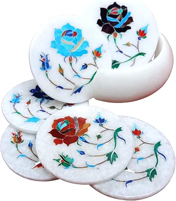 ArtEra's Marble Coaster Set with Semi-Precious Stones Inlay Work (AE-11)| Multicolor (6 trivets with Holder, Diameter - 4 inch)