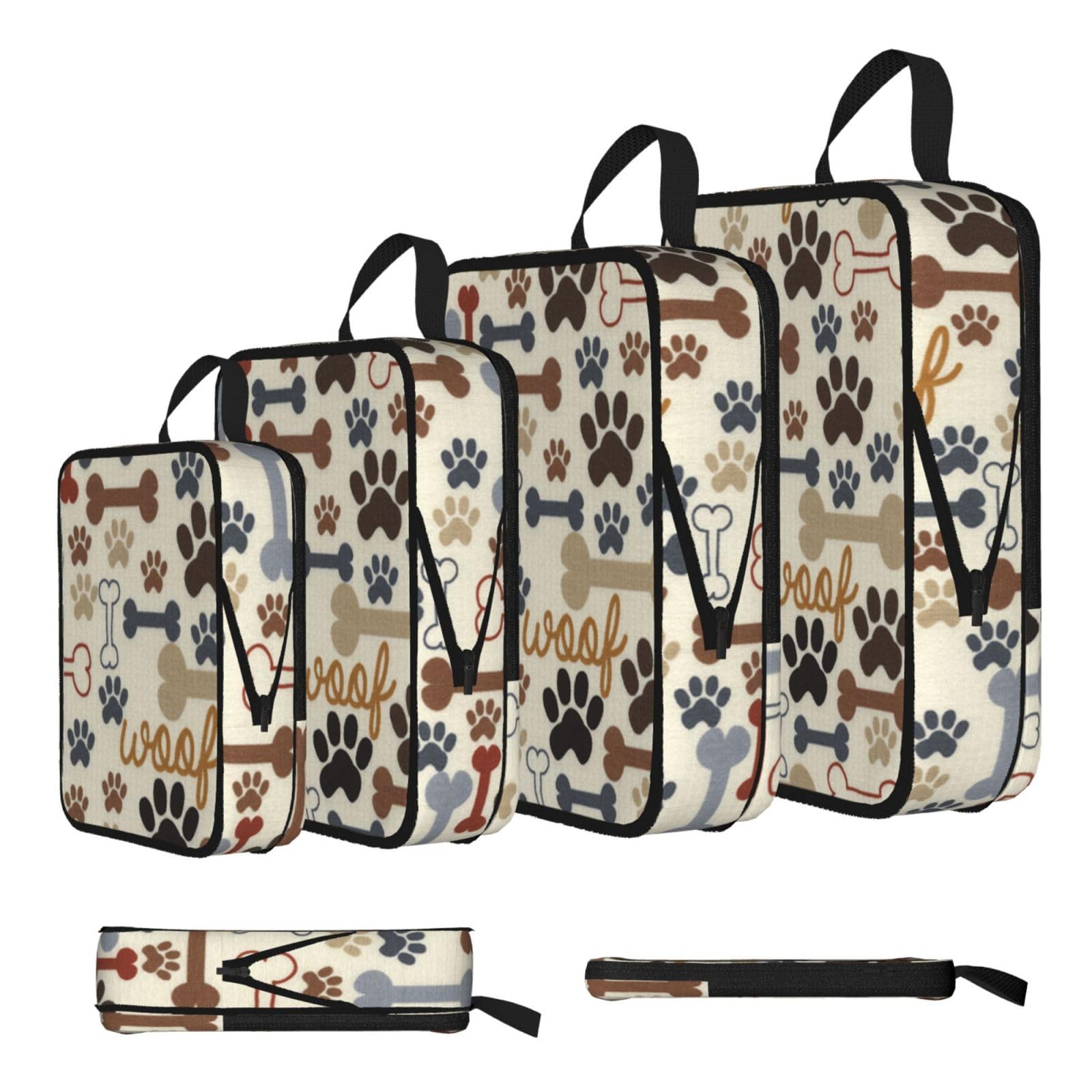 Dog Bones Paw Print Compression Packing Cubes 4-Piece Set With Multi- Compartment Travel Bag, Waterproof Suitcase Organiser Bags