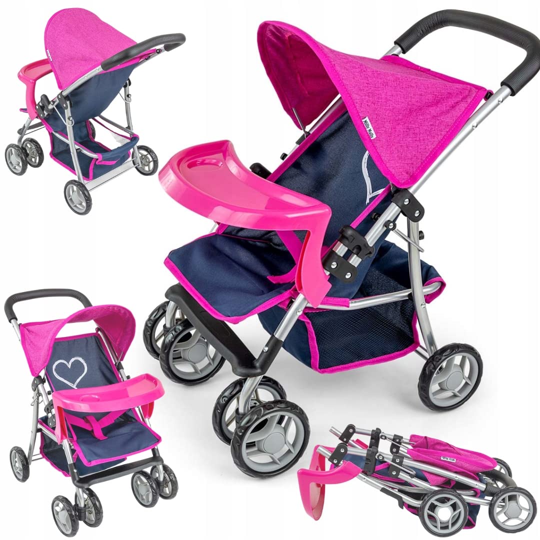 Milly Mally Kate Folding Dolls Pram for Girls from 3 Years with Canopy Foam Wheels Straps Prestige Navy