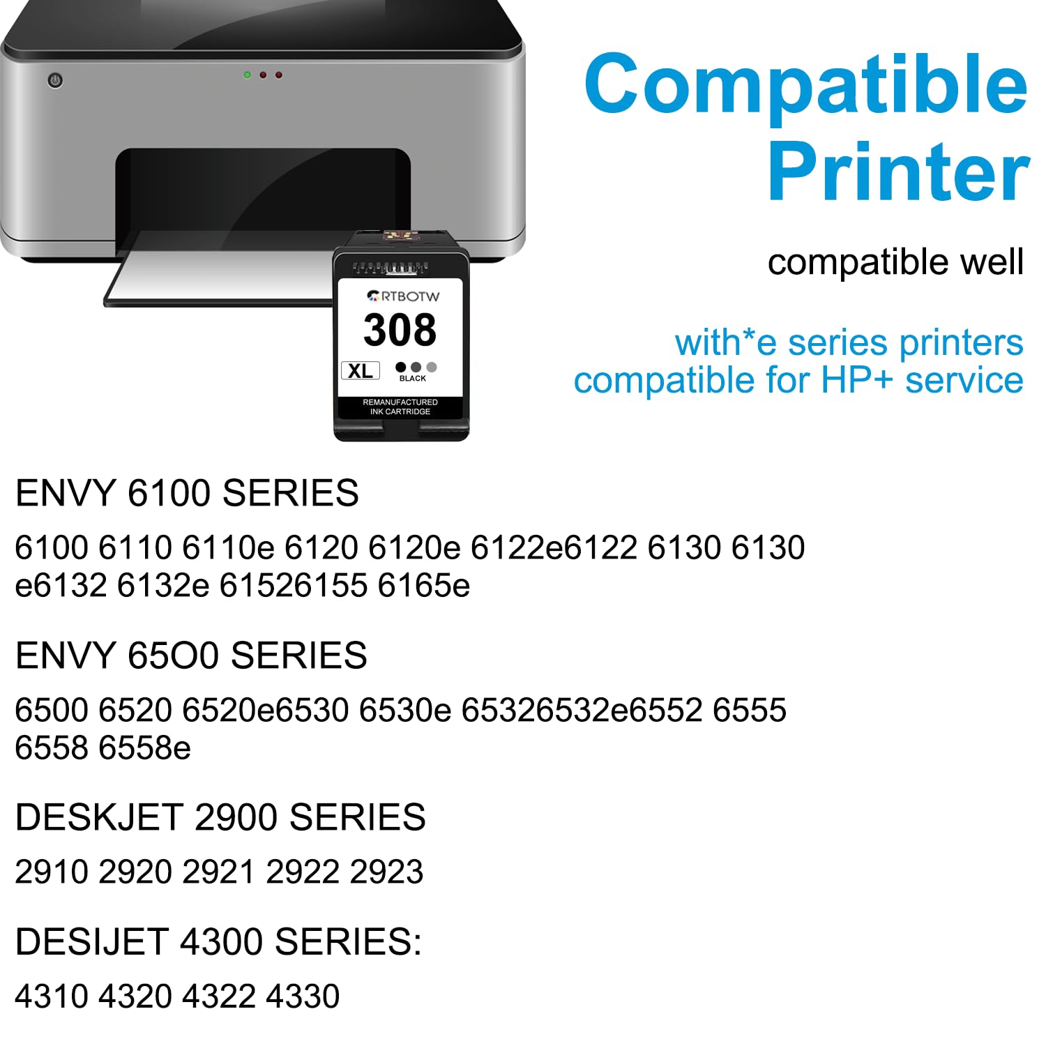 Cartucho de tinta negra HP 308 (color único) compatible con HP Envy 6110e, 6120e, 6122e, 6130, 6132e, 6532e — view 2