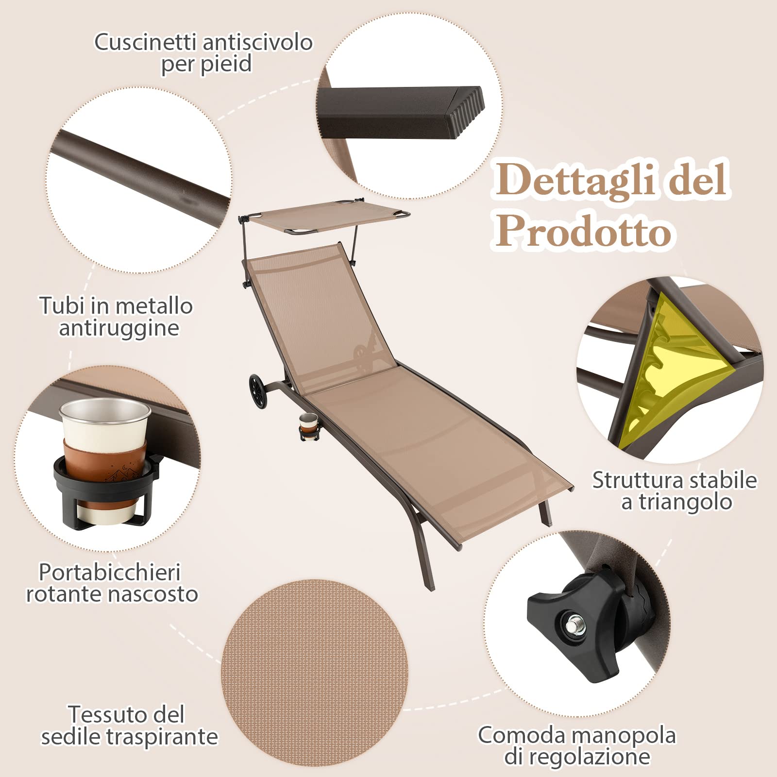 COSTWAY Lettino Prendisole da Giardino, Sdraio Reclinabile con Ruote Tettuccio, con Schienale Regolabile in 6 Livelli, Lettino da Giardino con Portabicchieri a Scomparsa, Portata 150 kg (1, Marrone)