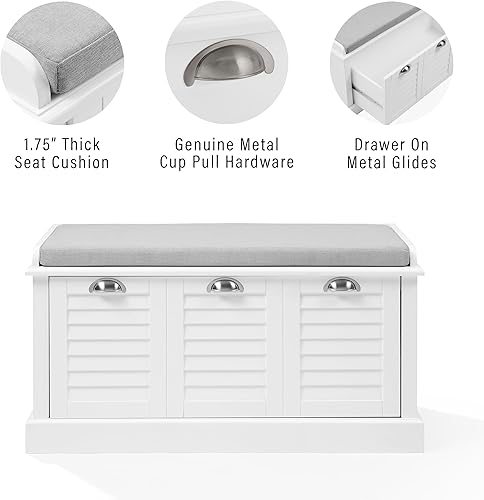 Miniatura 6 de Crosley Furniture Ellison Banco de almacenamiento de entrada con cajón organizador de zapatos, blanco con cojín gris
