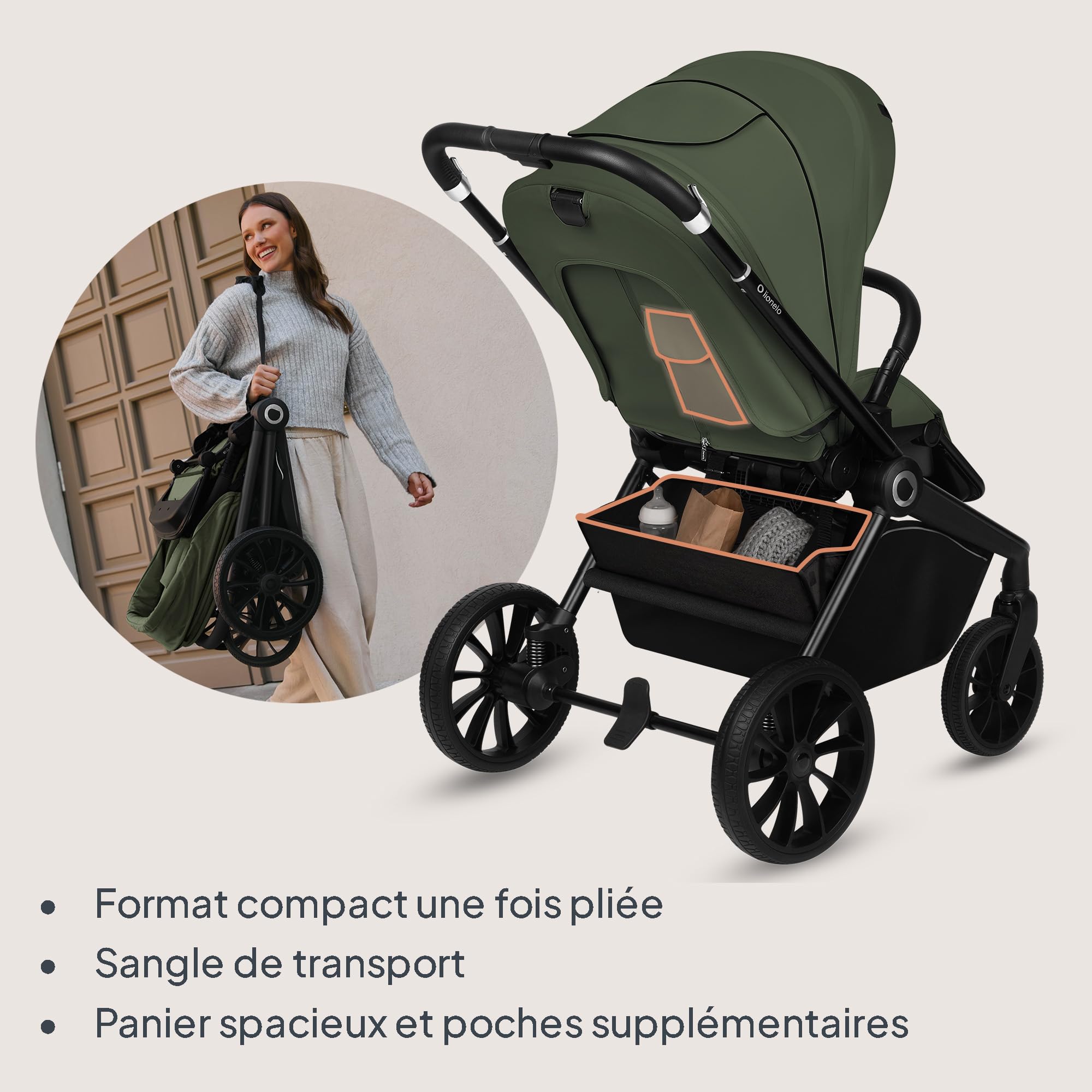 LIONELO MIKA PLUS 2 en 1 Poussette 0 à 48 mois jusqu'à 22 kg Nacelle jusqu'à 9 kg, Réglage du Dossier et du Repose-pied, Coussin, Roues Pivotantes 360° en PU Auvent XXL (Green)