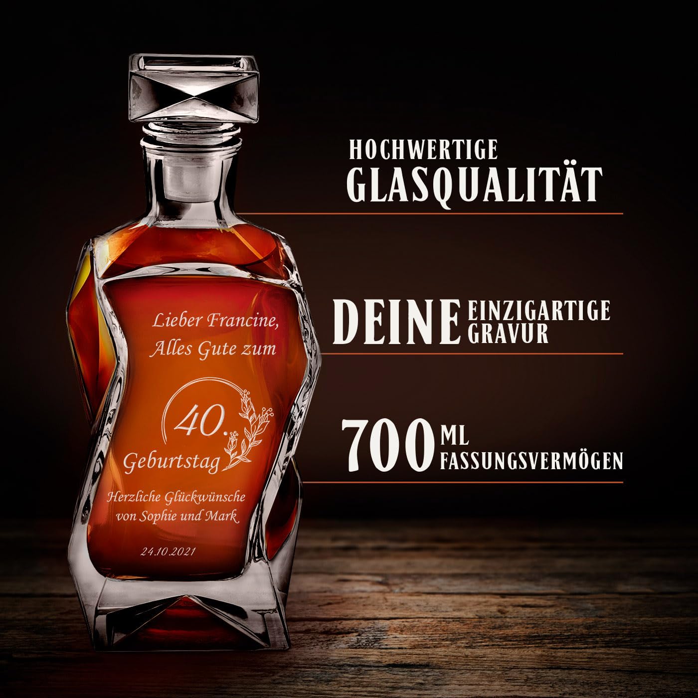 Maverton Whiskey Karaffe + 4 / 6er Whiskygläser Set mit Gravur - 700ml Whisky Dekanter - Geschenk zum Geburtstag für Männer - Weihnachtsgeschenke - Glückwünsche