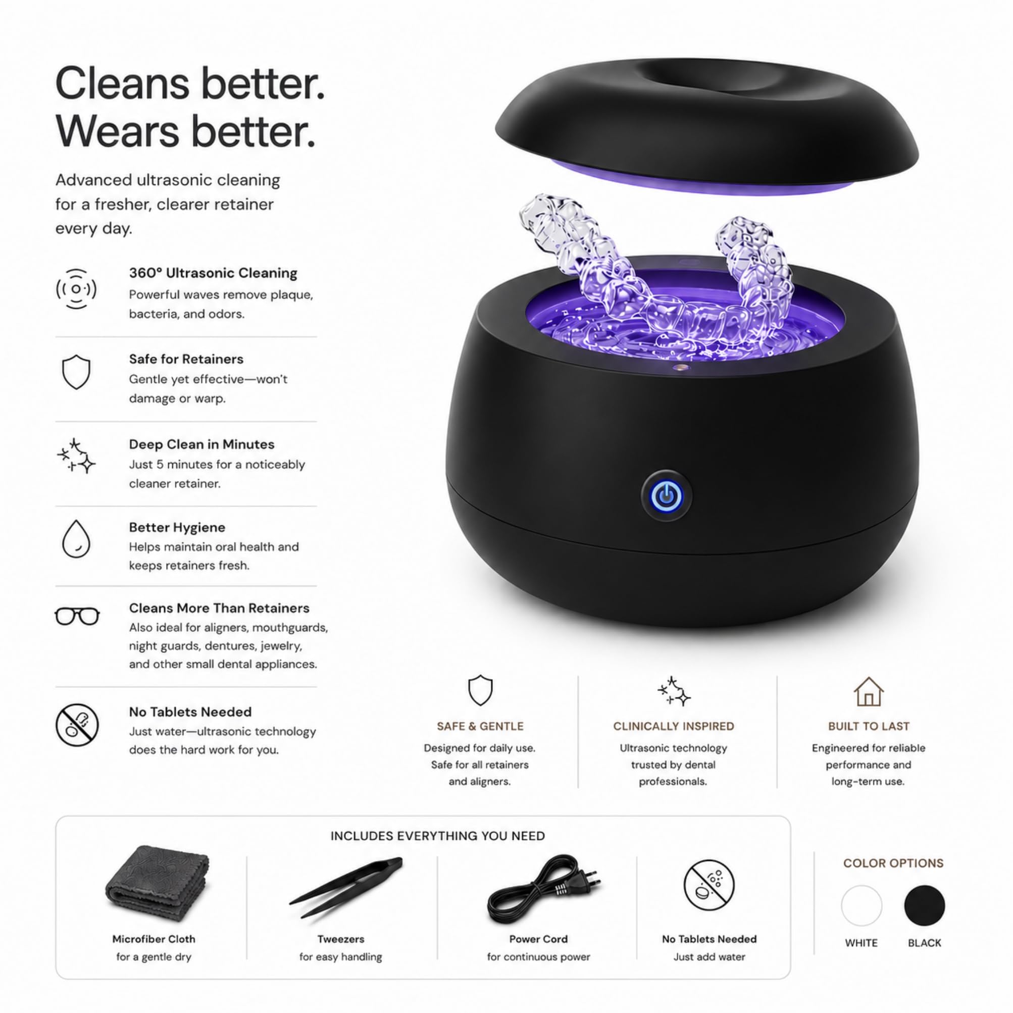 Pulitore per Retainer Ultrasonico 48kHz – Pod Dentale per Invisalign, Protesi e Paradenti – Macchina per Pulizia Profonda per Retainer e Night Guard – Serbatoio da 200ML, Funzione One-Touch – Nero
