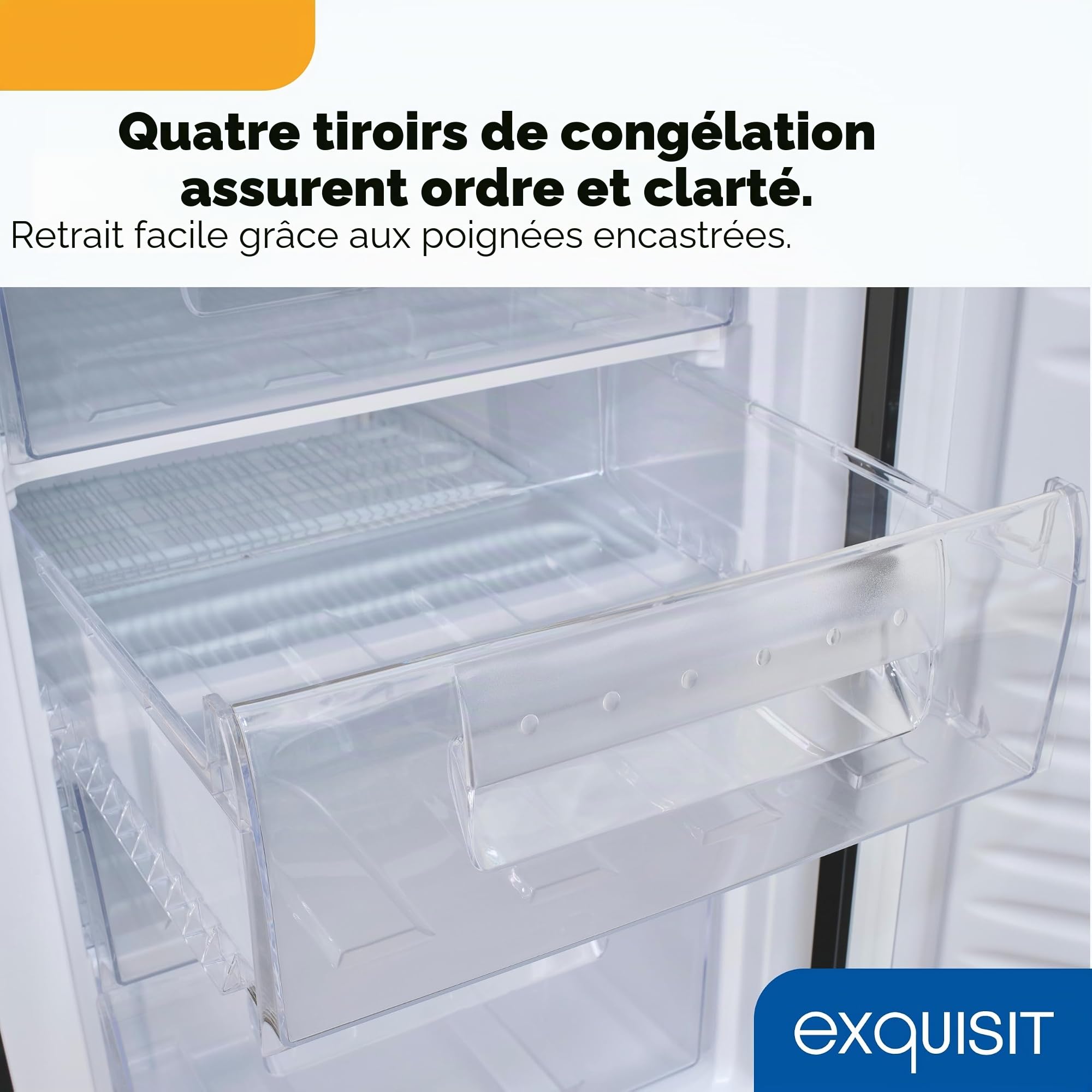 Exquisit Congélateur | Capacité utile de 91 l, classe énergétique E, bruit de 40 dB | Compartiment 4 étoiles, réglage manuel de la température, butée de porte interchangeable, 4 tiroirs | GS512-040E