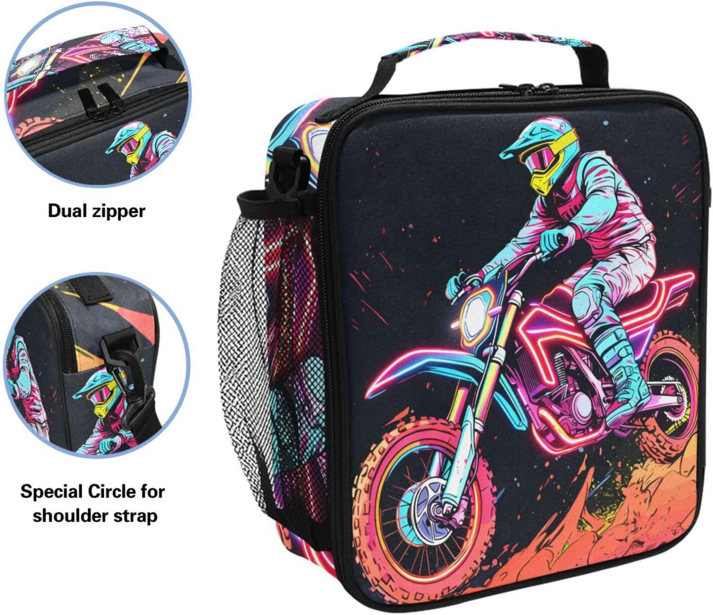 Lunch Box Motocross Motorcycle Race Prep Kids Cooler Insulated Lunch Bag Tote Freezable Shoulder Strap Waterproof Picnic Meal for School Office